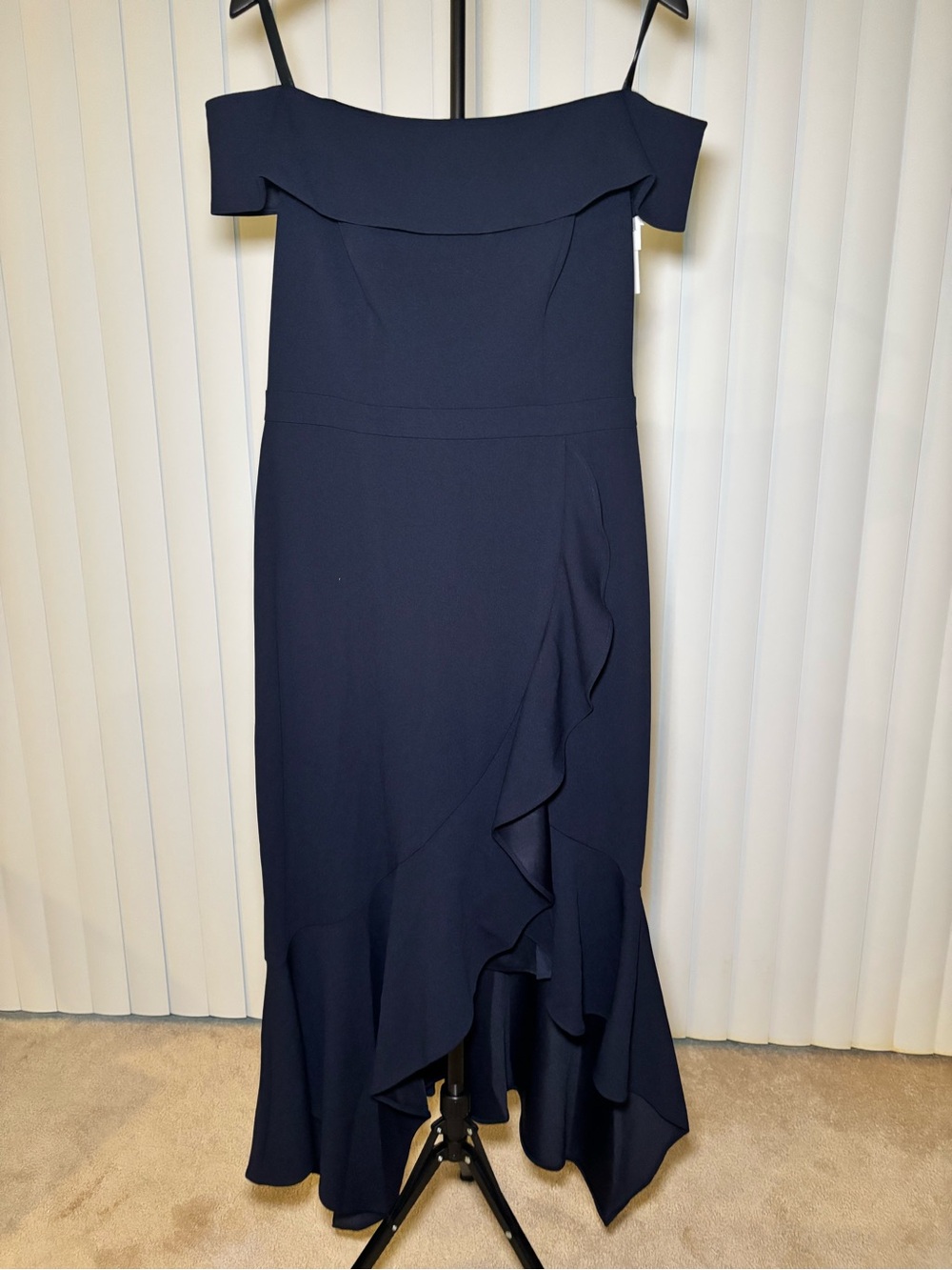 Aqua Navy Off the Shoulder Ruffle Hem Dress